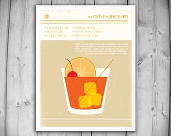 OLD FASHIONED COCKTAIL Art Print - Retro Food and Drink Print -  Vintage Style Art - Mid Century Modern Design Poster - Minimalist Art Print