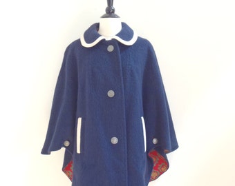 Vintage Lodenfrey Austrian wool cape jacket / navy blue coat with ...