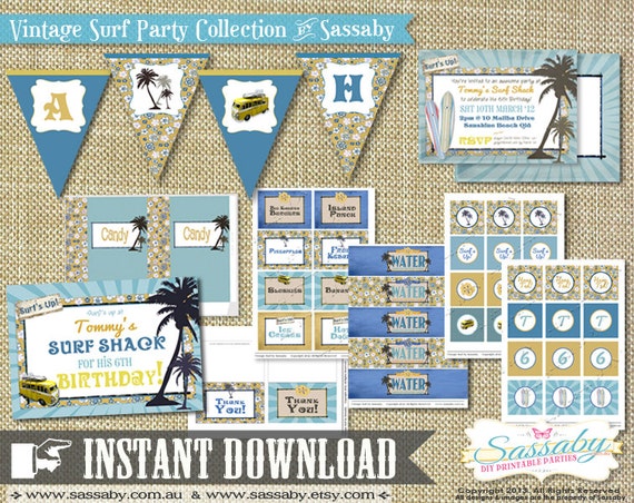 Vintage Surf Party Collection - INSTANT DOWNLOAD - Editable & Printable Birthday Party Decorations by Sassaby Il_570xn
