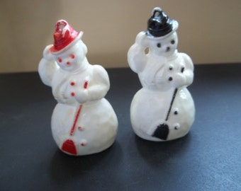 Pair of Celluloid Snowman Ornaments Red and Black Holiday Decorations Collectible