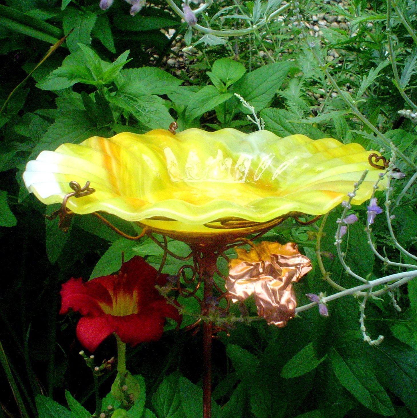 GARDEN BIRD BATH Birdbath stained glass copper art fused