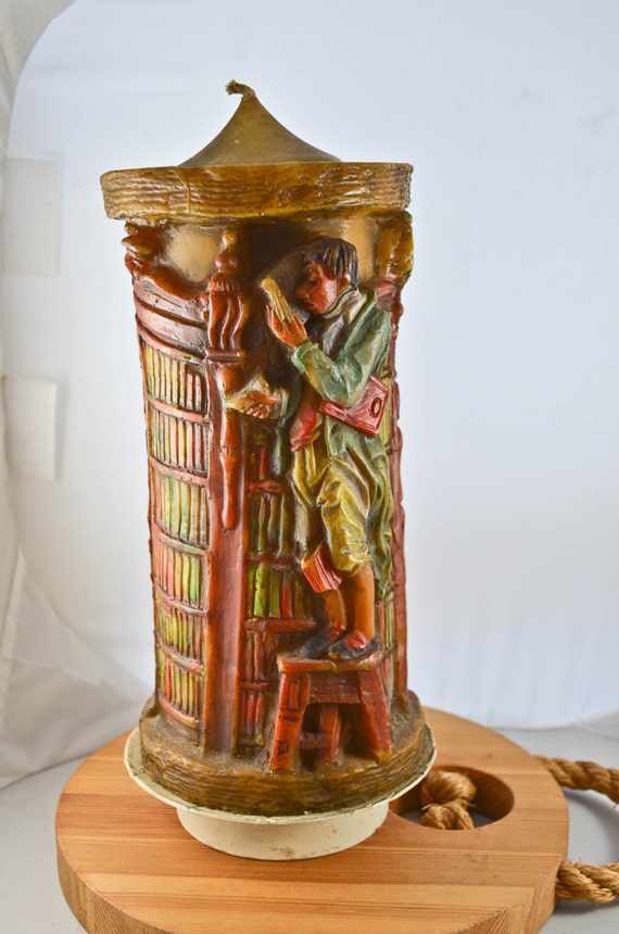 Items similar to Vintage German Candle, Library - themed Carved Candle ...