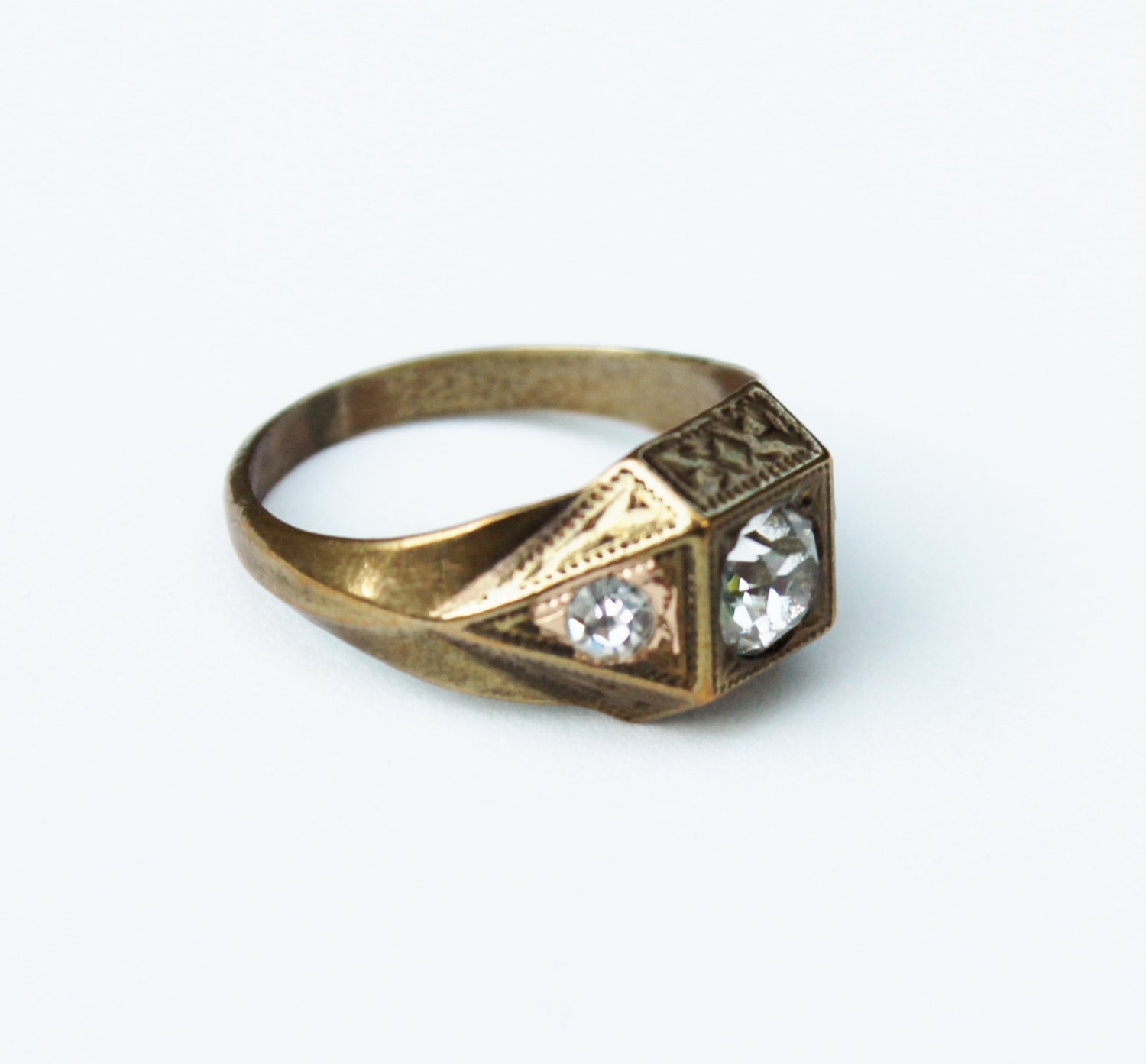 Vintage Art Deco Brass/Gold Men's Ring with Rhinestone