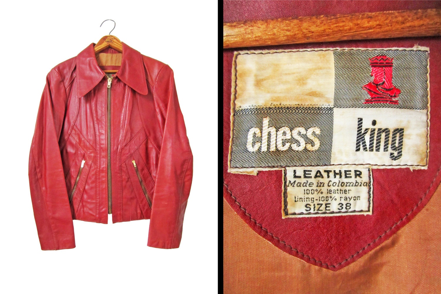 Vintage 60s Red Leather Jacket Chess King Oxblood Patchwork