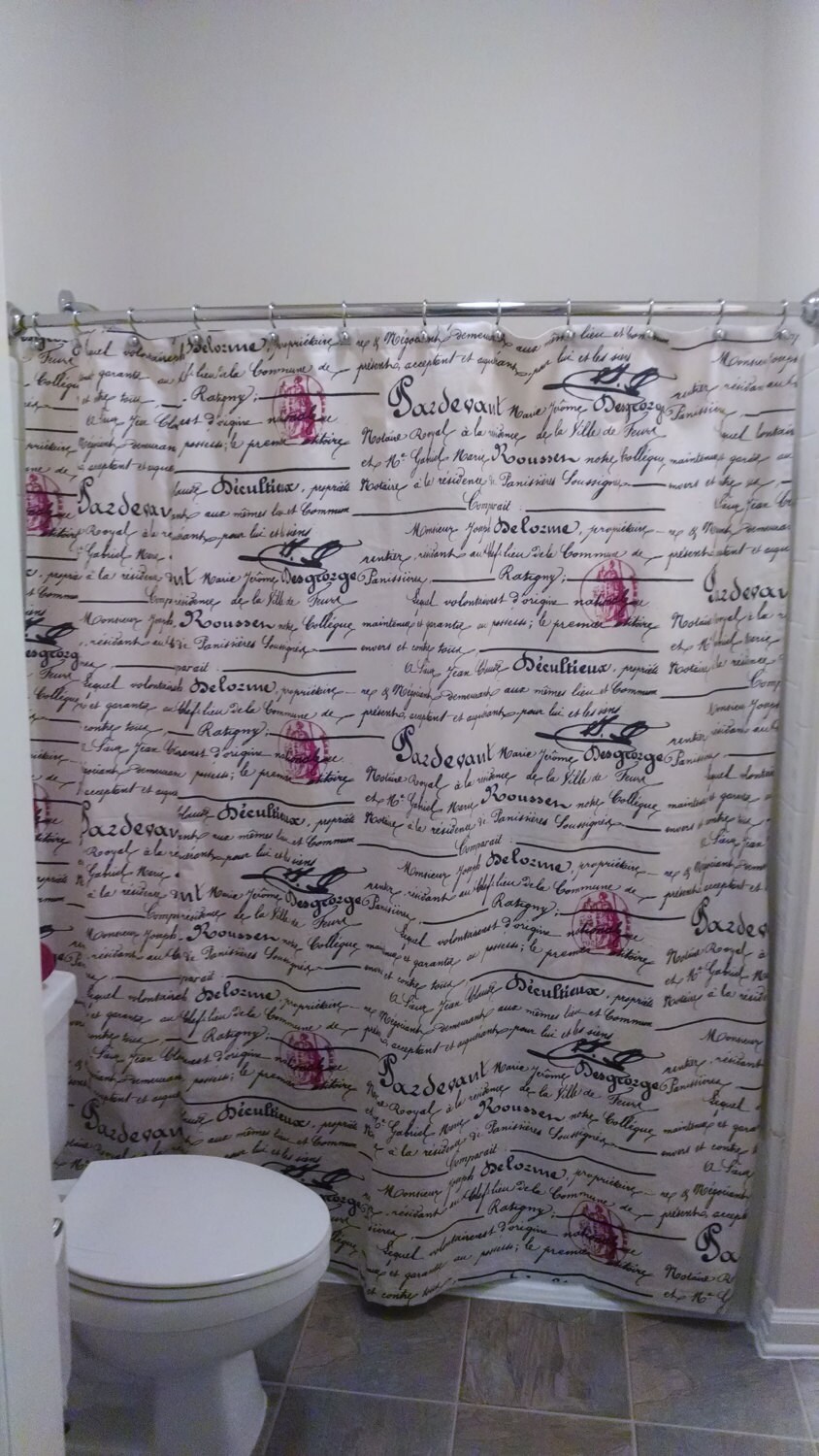 Shower Curtain French Penmanship Size 72x72 Grey Script Blue