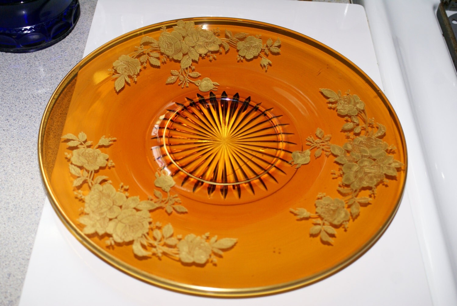 VINTAGE AMBER GLASS Plate, Gold Overlay, Cake Serving Plate Haute Juice