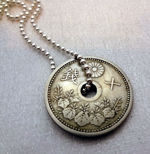 Antique Japanese coin necklace 10 sen coin Japan necklace