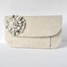 Woman's Art Deco floral clutch purse bag ruffle corsage natural linen with grey vintage inspired lining.