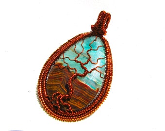 Stunning Blue Lace Chalcedony Stone and Brown Wire Tree of Life Pendant ...