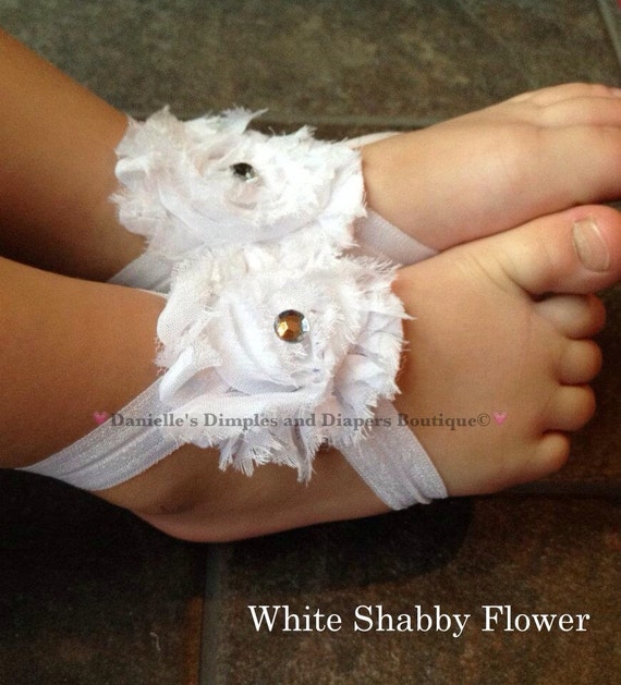 Items similar to White Shabby Flower barefoot baby sandals-Baby ...
