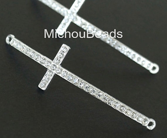 charm silver Connector cross  CROSS connector Silver  Lead  Rhinestone Link Charm 51x14mm  SIDEWAYS