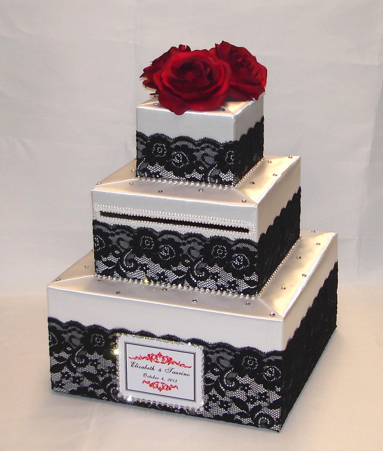 white wedding card box black lace design red roses rhinestone black wedding card