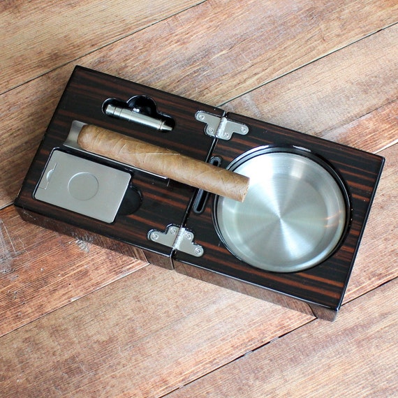 Wood Cigar Ashtray with Cigar Cutter and Punch Personalized
