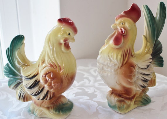Large Hen and Rooster Set Vintage Pottery by losttreasures2u
