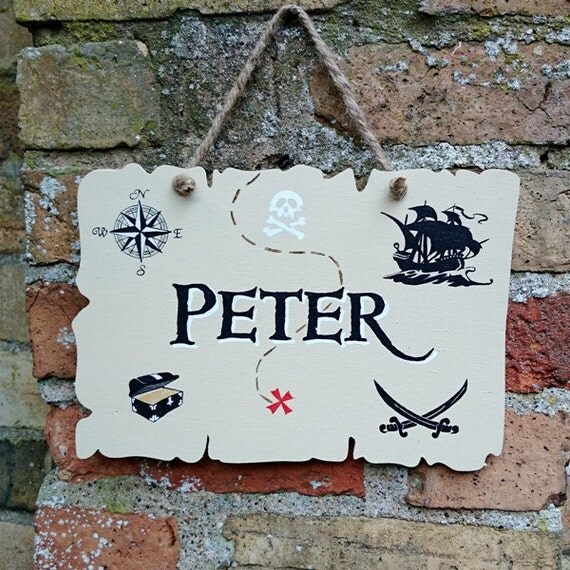 Personalised Pirate Sign Treasure Map Wooden Hanging Sign Hand