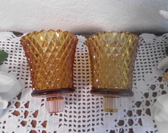Vintage Amber Glass Candle Holder Wall Sconce Pillar Votive Tea Light Candleholder Mid Century 70s Yellow Orange Retro Farmhouse Home Decor