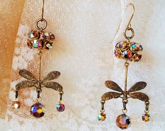 Vintage CRYSTAL DANGLES, Stunning Shimmering Vintage Swarovski Vitrail Stones, Aged Brass Dragonfly, OOAK Handmade Bohemian Beauty