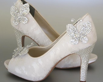 Wedding Shoes Ivory Peeptoes with Lace Overlay Rhinestone