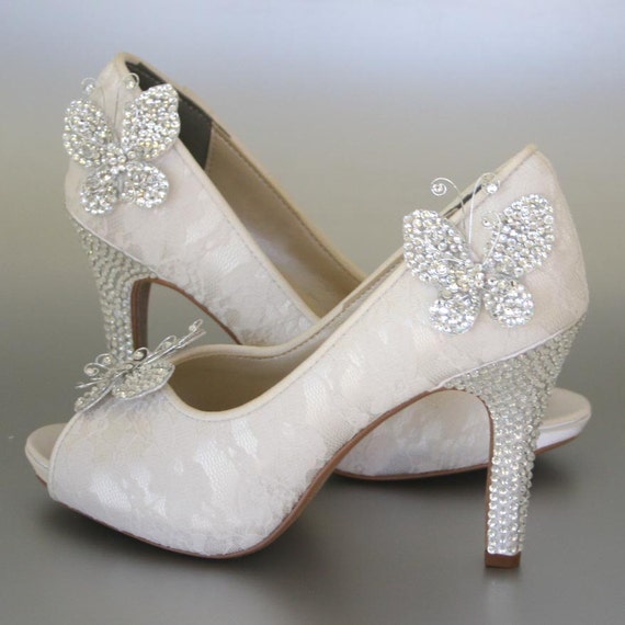 Wedding Shoes Ivory Peeptoes with Lace Overlay Rhinestone