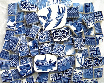 BLUE WILLOW - Vintage Mosaic China Tiles - Recycled Plates - 100 Tiles