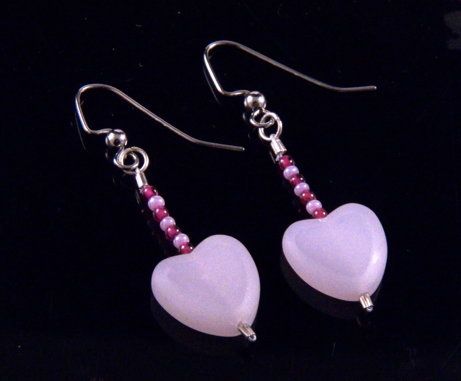 Pink Heart Earrings Pink Glass Bead Earrings by StevesStoreofStuff