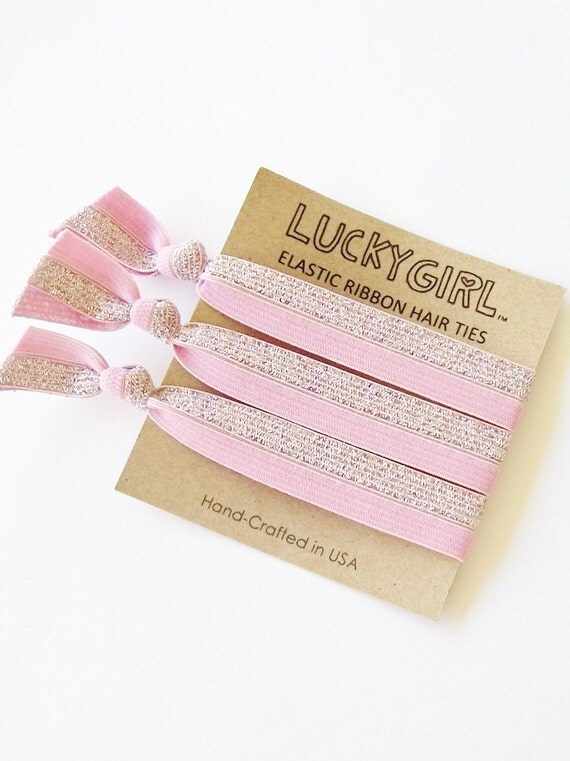 Free Shipping 3 Hair Ties Pink Silver Sparkle by LuckyGirlHairTies