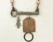 Owl Necklace, Etched Metal Necklace, Skeleton Key Necklace, Mixed Metal Necklace, Copper Brown Silver Bird Woodland Gemstone Bead Jewelry