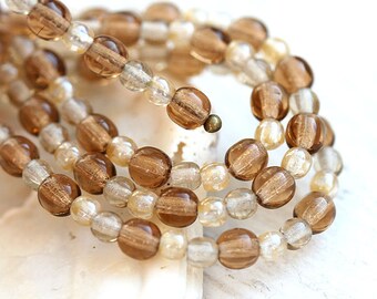 Neutral colored beads Mix, Beige brown Czech glass small round spacers, druk - 4-3mm - approx.120Pc - 0177