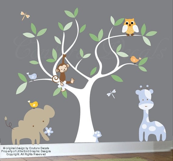 Vinyl wall decal jungle set white nursery tree decal wall