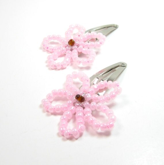 Items similar to Pink Beaded Hair Clips Flower Barrettes Girls Hair