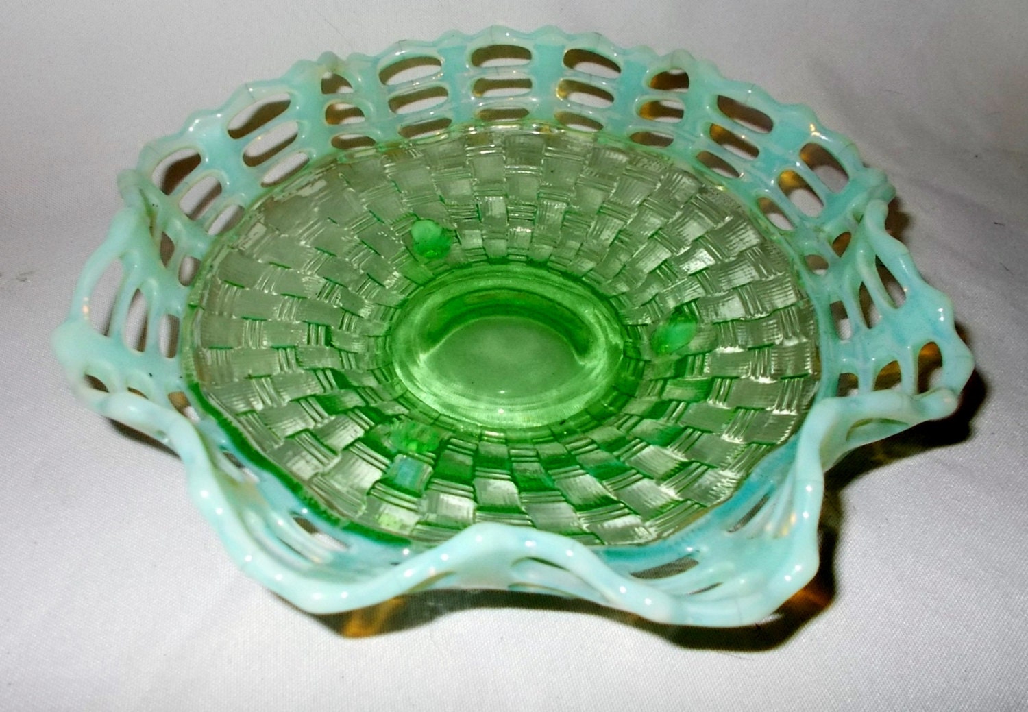 Fenton Green Opalescent Glass Candy Dish Tri Foot Ruffled Open
