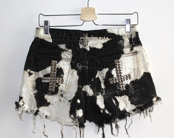 Denim Cutoff Shorts - Mottled Black Denim, Crosses Across the Pockets, Slashed and Frayed Denim Black Shorts