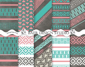 Pink and Teal Digital Paper:Tribal Digital Paper, Pink and Turquoise Digital Paper, Aztec Digital Paper, Baby Shower Digital Paper, #14078