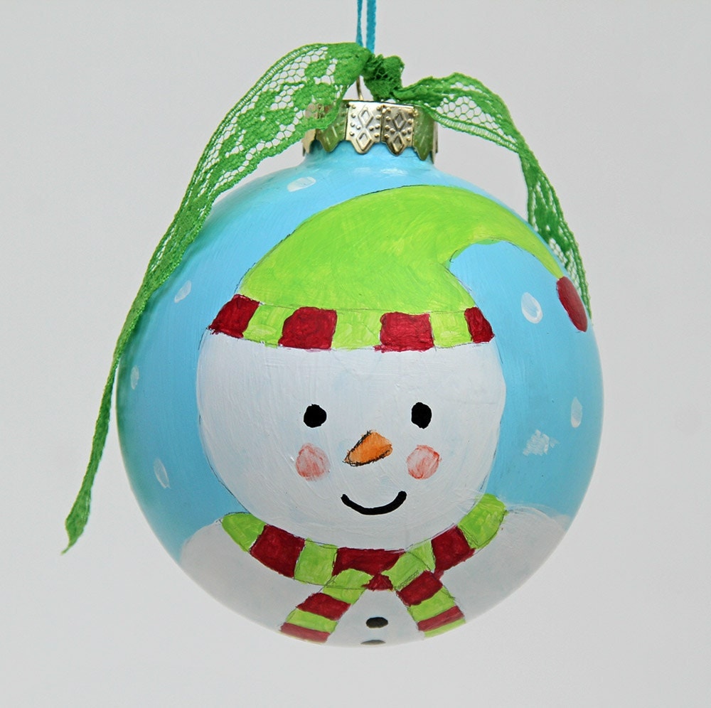 Hand Painted Snowman Ball Ornament Christmas Tree by CarolaBartz