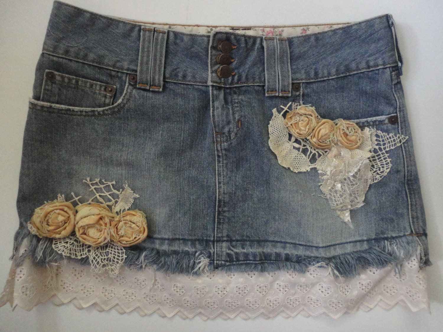 Denim Mini Skirt with Vintage Lace Flowers Abercrombie Short