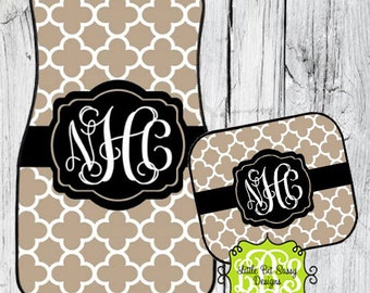 Car Mats Quatrefoil Personalized Monogrammed Floor Car Mat Initial Tan Black White