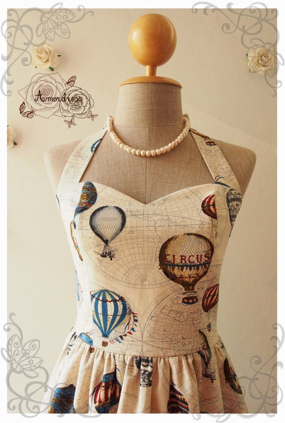 LOVE JOURNEY DRESS : Balloon world map dress whimsical sundress vintage inspired dress summer dress party dress cream khaki -Size S, M, L
