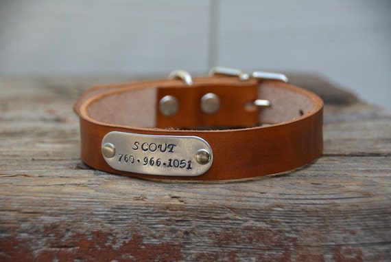 ... Handstamped Metal Name Plate Dog Tag Handmade Leather Dog Collar