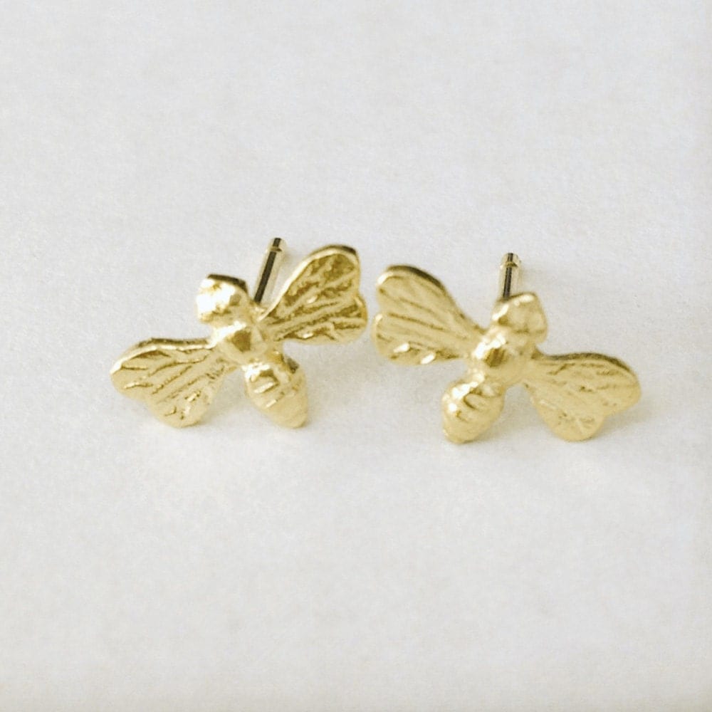 Solid 14K Gold Bee Stud Earrings One Pair