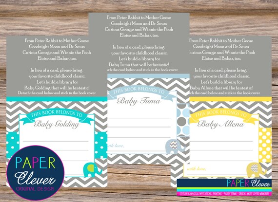 Elephant bring a book Insert Card with attached bookplate, yellow, grey - digital, printable Il_570xn
