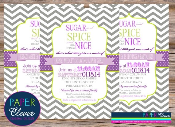 Sugar & Spice girls baby shower invitation, purple, green - digital media, printable file (#05670) Il_570xn