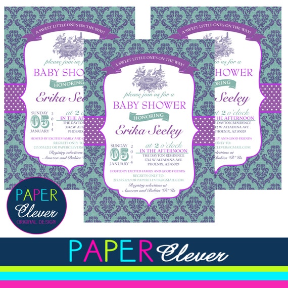 Vintage baby shower invitation purple, teal, damask - printable, digital file #145 Il_570xn