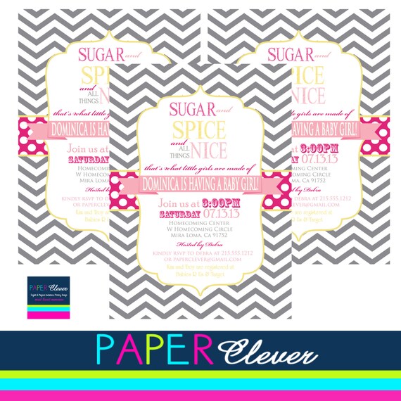 Girls baby shower invitation, pink, yellow, gray, chevron - digital file, printable (#1523) Il_570xn