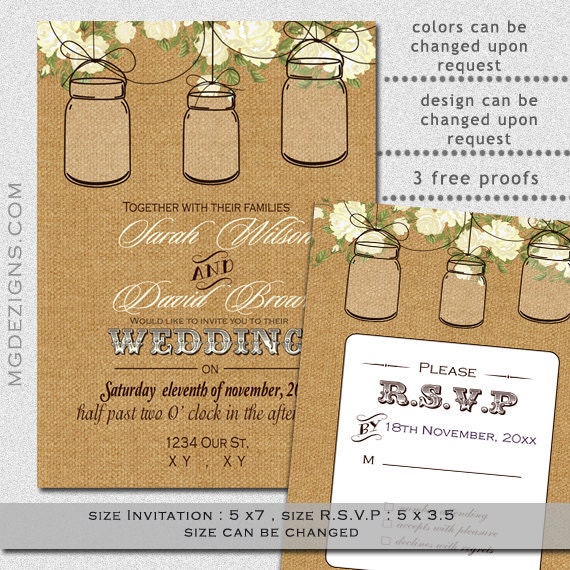 Printable Burlap Roses Mason Jar Rustic Digital wedding Invitation