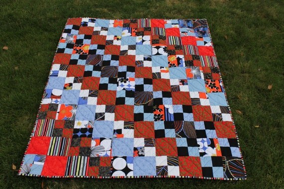 Patchwork Lap Quilt in Red Blue Black and White