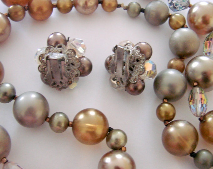 Aurora Borealis Glass Bead Necklace & Earrings / 50s / 60s / Ash Grey / Beaver Beige / Amber / Vintage Jewelry / Jewellery