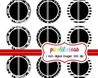 INSTANT DOWNLOAD - Beautiful Black and White Editable Bottle Cap Images- Digital Collage - JPG Editable - 1 Inch Digital Bottle Cap Images