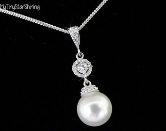 Bridal Necklace WHITE Pearl pendant White Pearl Sterling silver Necklace Single pearl Necklace Bridesmaids Gift Cubic Zirconia