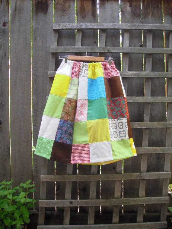 Funky Patchwork Eco Skirt Below the Knee/ Upcycled Skirt/