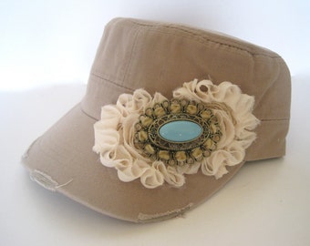 Khaki Cadet Military Distressed Army Hat with Ivory Chiffon Flowers and Gorgeous Turquoise Pendant Accent